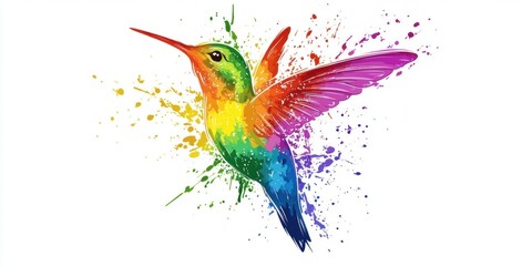 A colorful watercolor illustration of a hummingbird in flight.