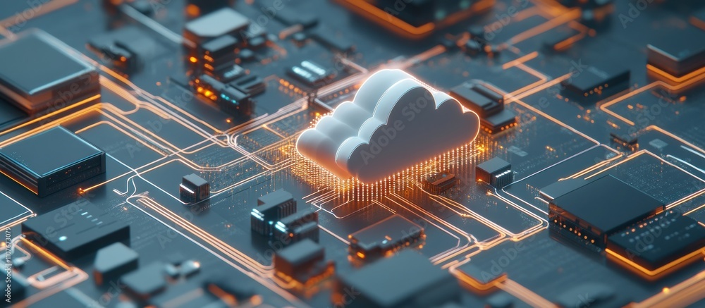 Poster a digital representation of cloud computing on a circuit board.