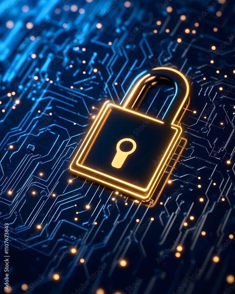 Poster a digital padlock symbolizing cybersecurity on a circuit board background.