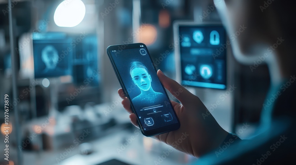 Poster a futuristic close-up of a smartphone face unlock screen in progress, held by a user in a well-lit r
