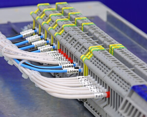 Electrical screw through terminals with connected insulated wires in an electrical switchboard.