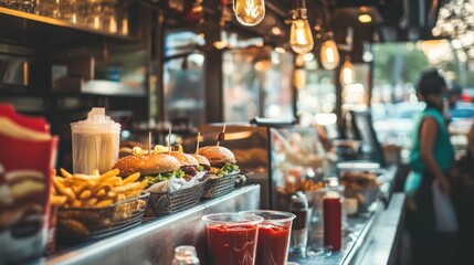 Fototapeta premium A vibrant food stall featuring burgers, fries, and drinks, inviting customers to enjoy.