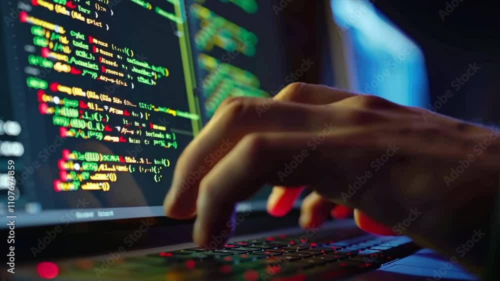Poster close up of hands typing on laptop keyboard with colorful code on screen, showcasing programming and