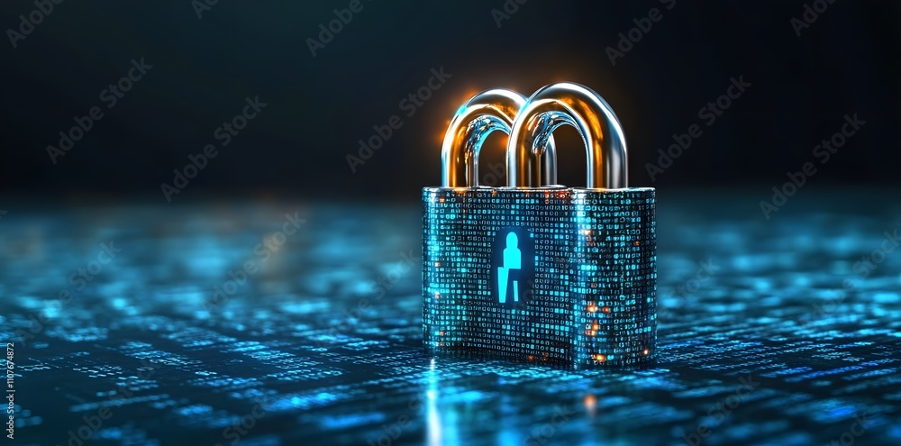Poster a digital padlock symbolizes cybersecurity and data protection in a tech-themed environment.