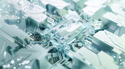 Fototapeta premium Close-up of a semiconductor chip with detailed electronic components and circuits on clean white background, ideal for tech and engineering projects.