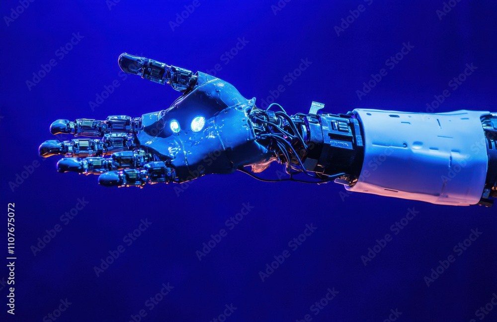 Poster a robotic hand reaching out to the viewer with an open palm and fingers extended forward on a dark b