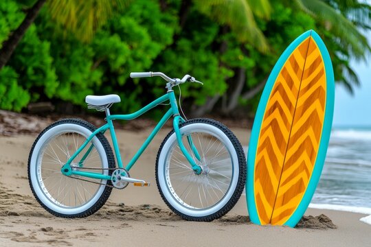 A beach cruiser bicycle with white tires parked on the sand, with a colorful surfboard resting against it