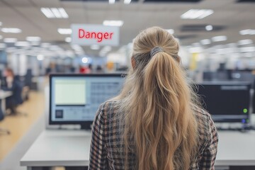 Danger sign warning in office:  A woman in a plaid shirt, working at a computer in an office, with a "Danger" sign visible above her, evokes a sense of caution and focus.  