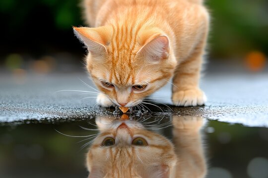 A cat playing with its reflection in a still puddle on a rainy day