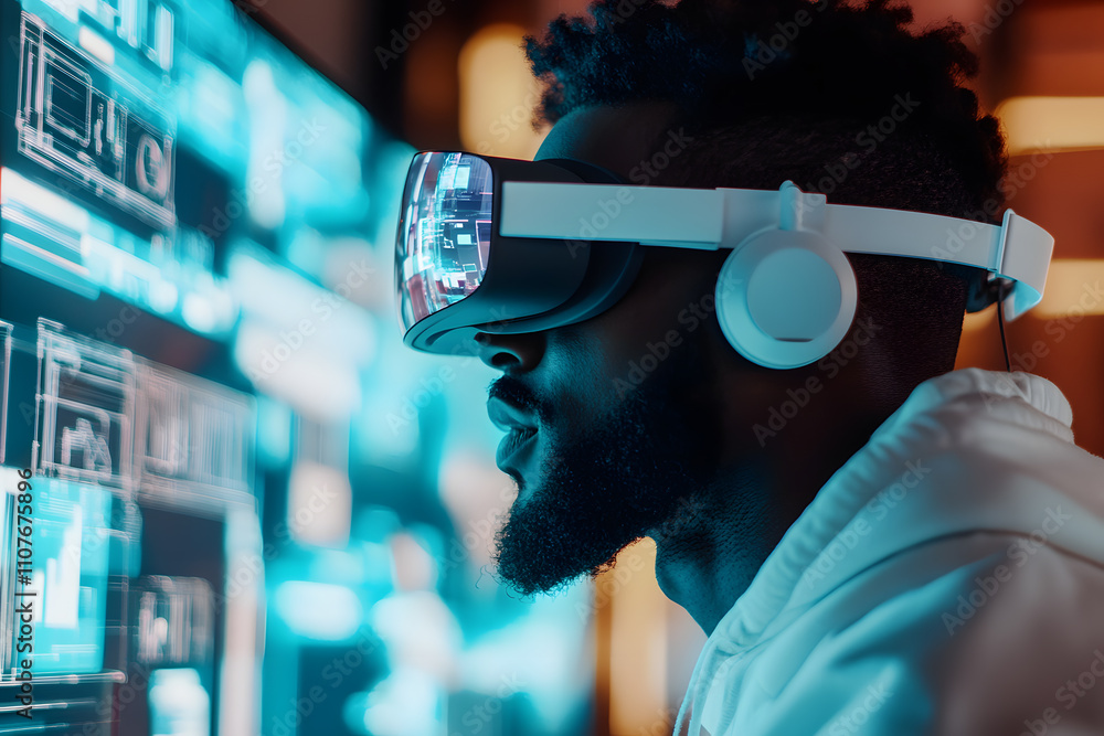 Poster virtual reality experience technology hub digital interaction high-tech environment close-up view im
