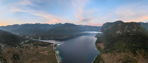 Aerial view of Bohinj lake in Julian Alps, Slovenia