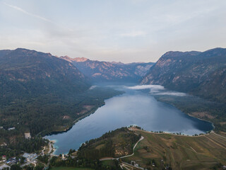Aerial view of Bohinj lake in Julian Alps, Slovenia