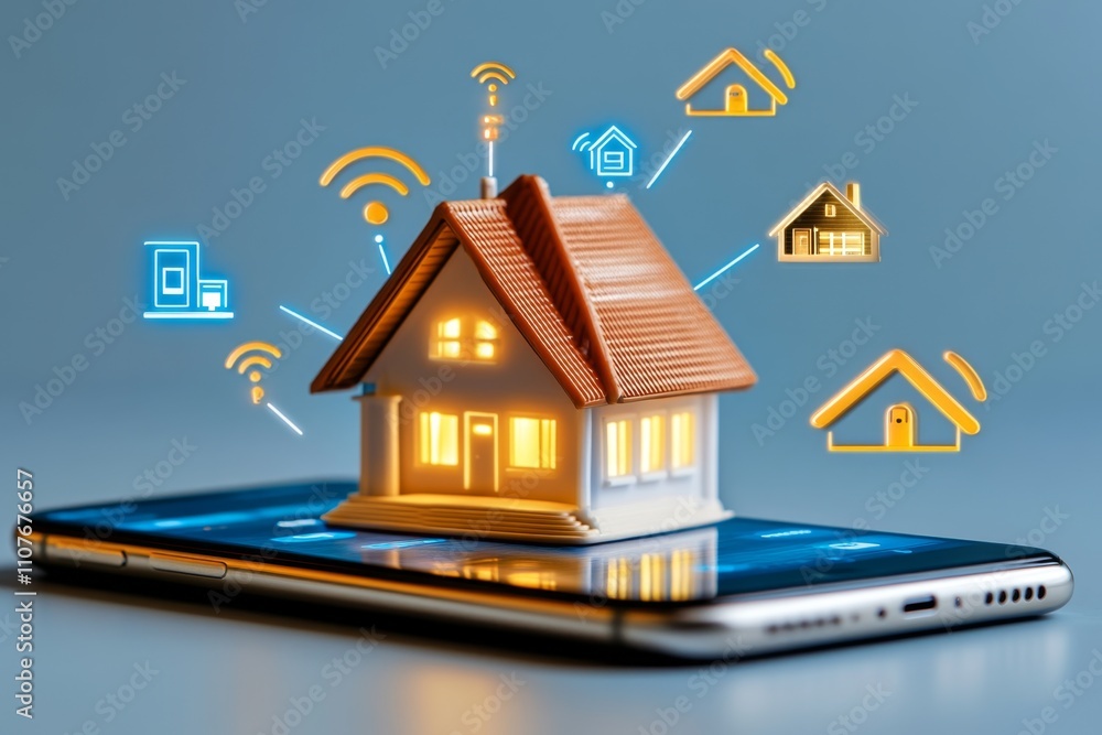 Aufkleber a close-up of a cellphone being used to control smart home devices, with lighting and temperature ic