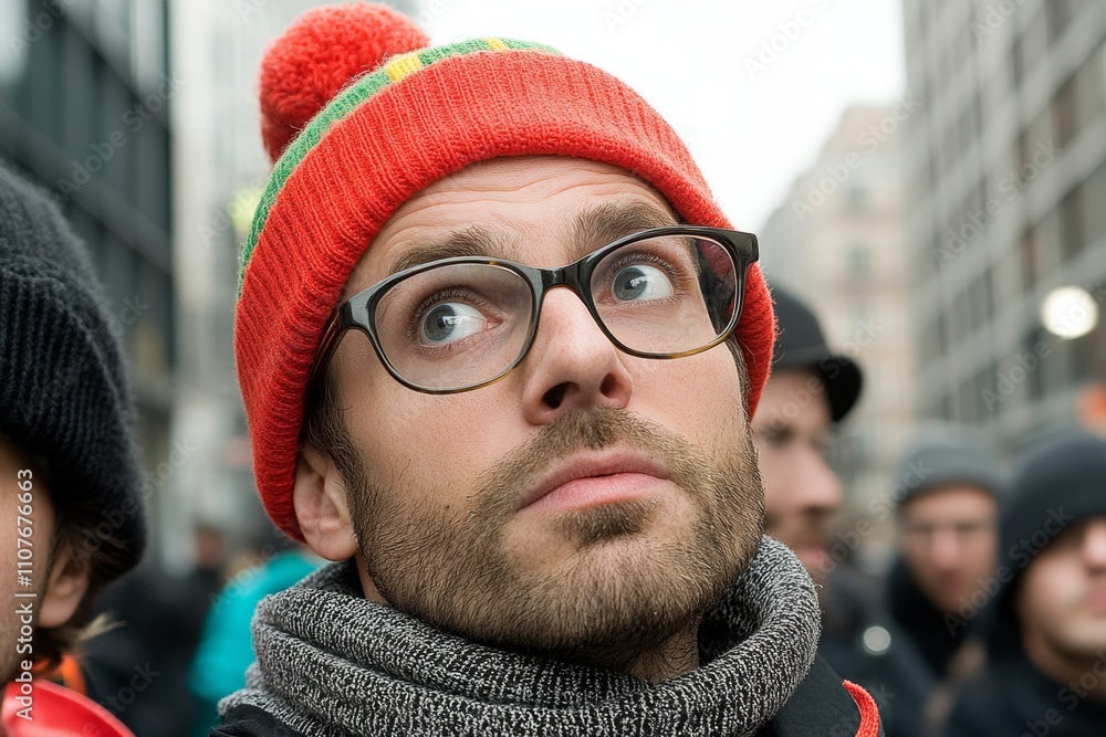 Poster a close-up of a bystander face, showing curiosity and concern as they witness a public altercation