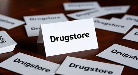 Obraz premium Drugstore word written on a business card on table