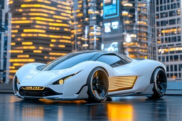 Obraz premium A cyberpunk scene of a flying car hovering in front of a skyscraper covered in holographic ads