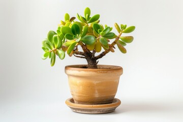 Obraz premium Jade plant (Crassula ovata) in Flowerpot Closeup, Crassula Macro House Plant in Flowerpot on Blurred Background