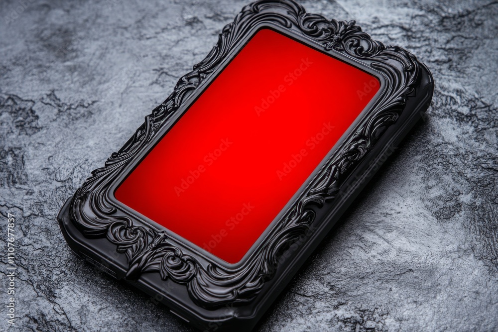 Poster a dark and gothic cellphone with ornate, black detailing and a glowing red screen, set in a shadowy 