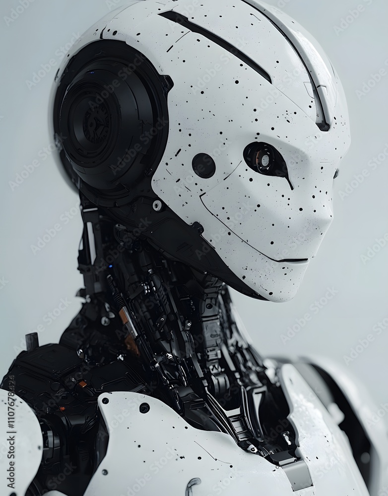 Poster a futuristic humanoid robot with a sleek design and intricate mechanical details.