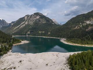 Aerial view of Lago del Predil, Lake Predil in the Alpine part of Italy