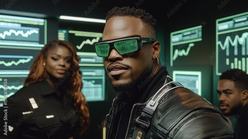 Poster a group of individuals in futuristic attire, surrounded by digital screens displaying data.