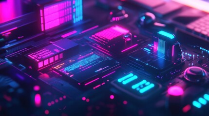 Obraz premium A vibrant, futuristic circuit board with glowing components and neon accents.