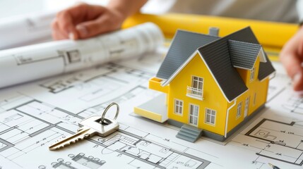 Unlocking Dreams Closeup of Hands Holding House Key with Architectural Plans and Model Home in Background Real Estate Transaction Concept