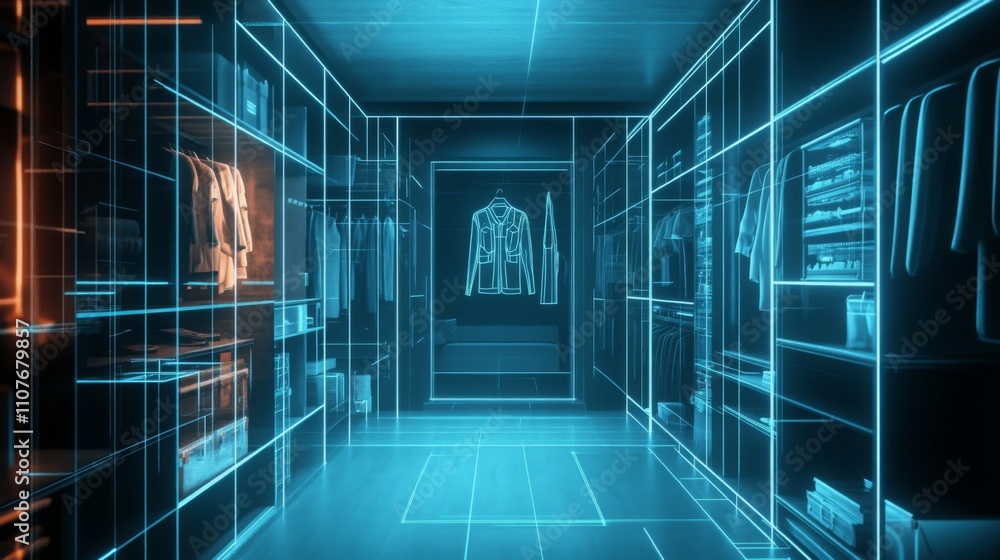 Leinwandbilder Advanced AI technology showcases a futuristic closet design in a sleek space. The virtual layout offers a glimpse into modern real estate solutions for optimizing storage and style.