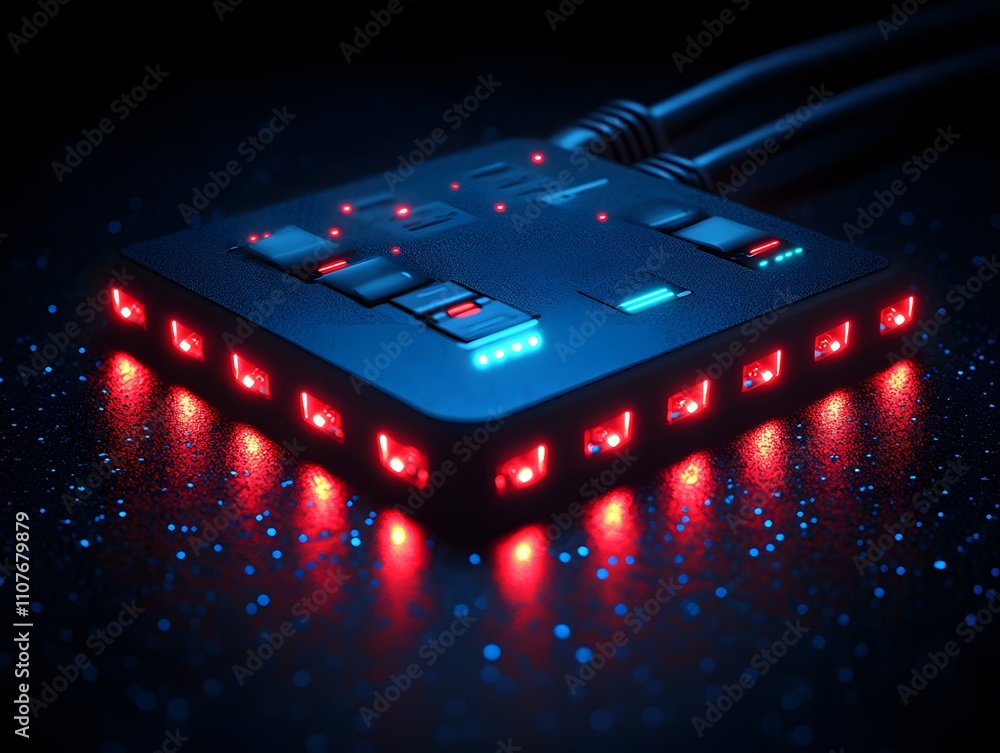 Poster a futuristic device with glowing buttons and lights, likely used for control or connectivity.