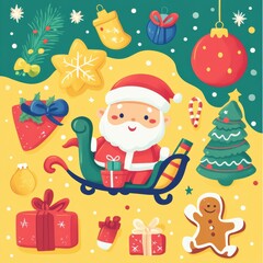 colorful christmas design with cute santa and sleigh with presents, and cute kawaii style christmas tree, and stockings, and gingerbread man	 Christmas theme design background.
