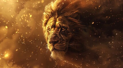 Majestic Lion Illuminated Amidst Golden Dust