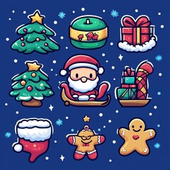 colorful christmas design with cute santa and sleigh with presents, and cute kawaii style christmas tree, and stockings, and gingerbread man	 Christmas theme design background.
