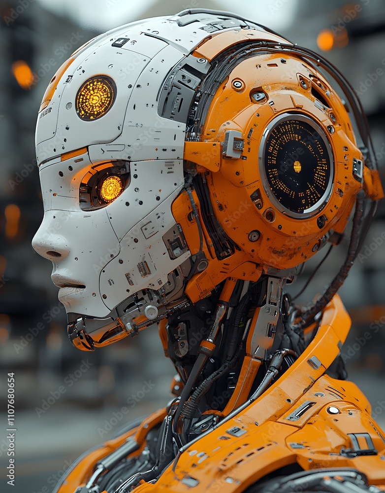 Poster a futuristic humanoid robot with an intricate design and glowing features.