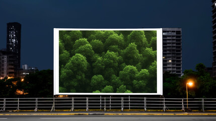 Night city billboard showing lush forest.