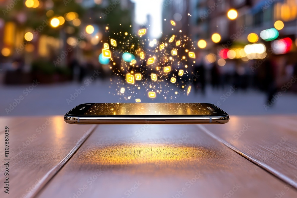 Poster a futuristic cellphone with a holographic display projecting glowing icons in mid-air