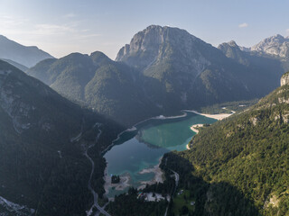 Aerial view of Lago del Predil, Lake Predil in the Alpine part of Italy
