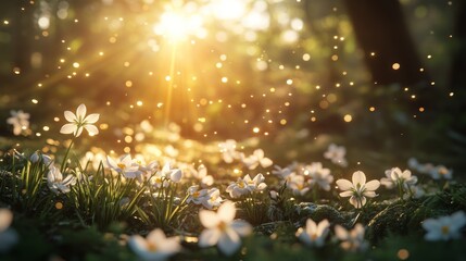 Early spring flowers bloom in a peaceful meadow at sunrise, capturing the essence of nature's revival
