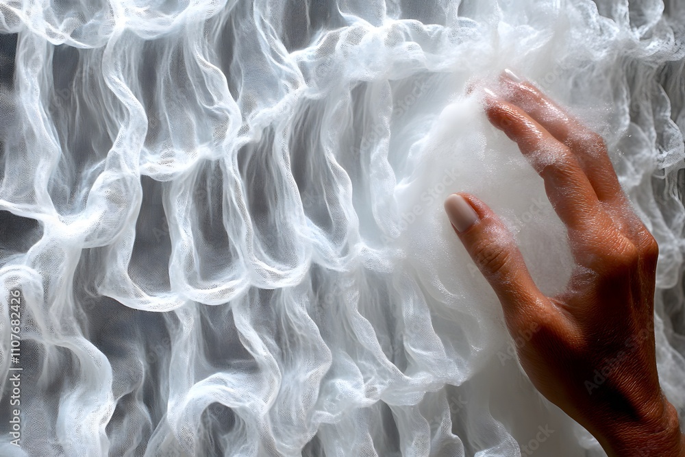 Poster a hand gently interacts with a textured, ethereal white fabric, creating a sense of softness.