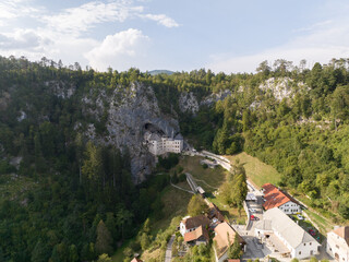 Aerial view of Pradjama Castle, Postojna, Slovenia