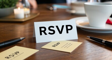 rsvp word written on a business card on table