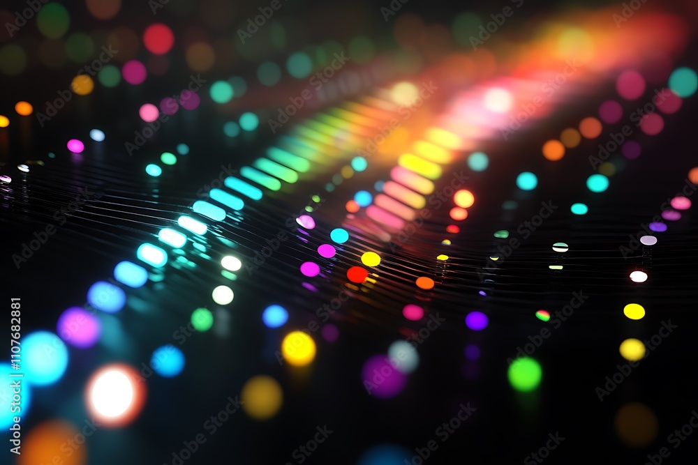 Poster abstract colorful light trails on a dark background.