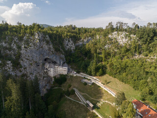 Aerial view of Pradjama Castle, Postojna, Slovenia