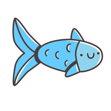 Cute cartoon fish with a light blue face, vibrant blue body, and split tail. Hand-drawn vector illustration in kawaii style. Simple and playful sea character with rounded fins and happy smile.