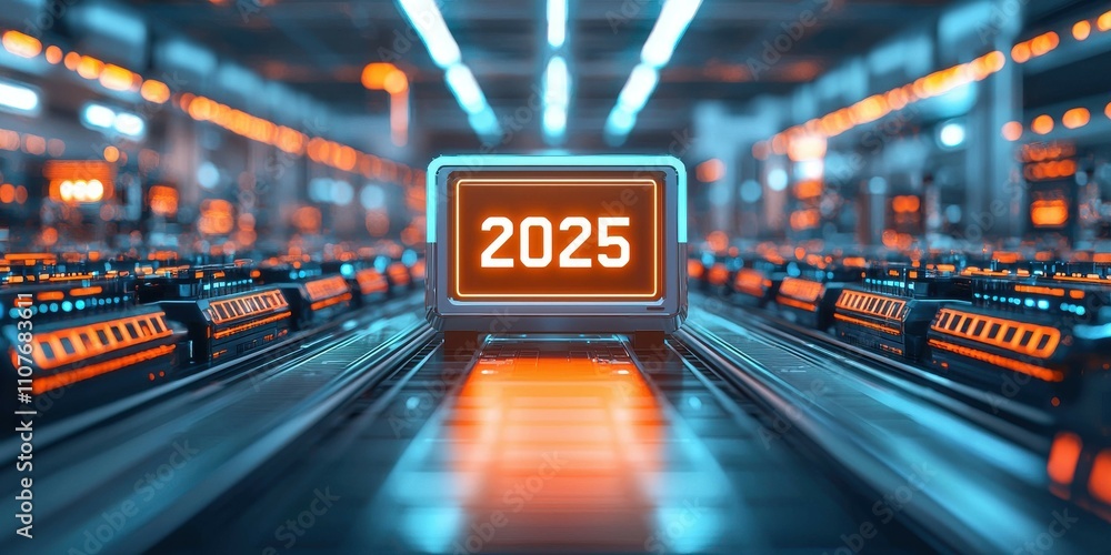 Aufkleber a futuristic display shows the year 2025, surrounded by a high-tech environment with glowing element