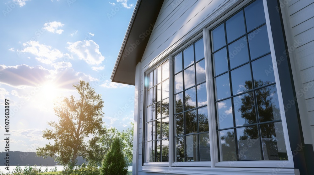 Poster this beautiful lakeside residence features large windows reflecting the vibrant sky and trees, offer