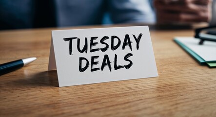 Tuesday deals word written on a business card on table