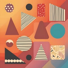 Abstract Geometric Pattern with Vibrant Colors and Textures, Modern Art Design Featuring Shapes, Stripes, and Polka Dots, Colorful Abstract Illustration with Geometric Elements