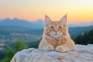 Obraz premium A majestic Maine Coon cat sitting proudly on a rocky ledge, with a forest and mountains behind it
