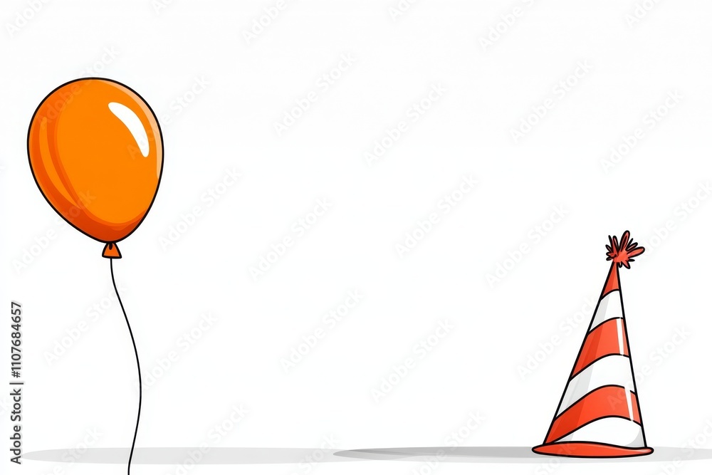 Poster a minimalist design of a party hat and balloon in bold, flat colors on a plain background