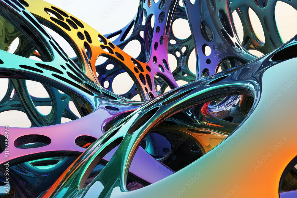 Poster abstract 3d digital art featuring colorful, intertwined organic shapes and structures, creating vibr